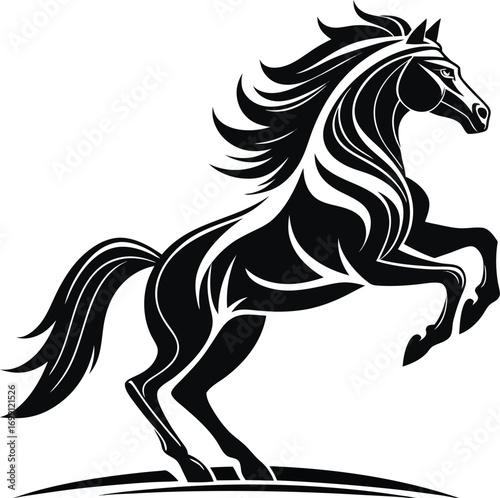 Majestic black stallion rearing up with flowing mane and tail in a dynamic powerful pose illustration