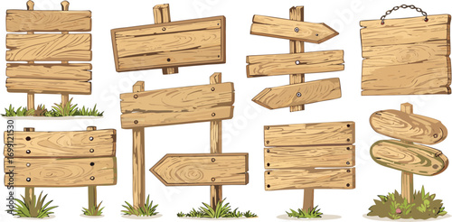 Collection of various wooden signboards and direction signs for outdoor advertising and rustic decoration ideas