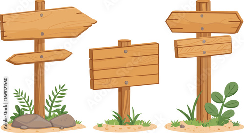 Rustic wooden signposts pointing in different directions with foliage at the base of each post illustration
