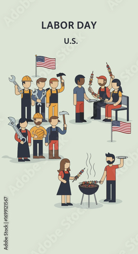 American Labor Day Holiday Festivities Featuring Diverse Workforce and Outdoor Barbecue Gathering