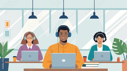 Diverse team working at computers with headsets in a modern office environment showing customer service support