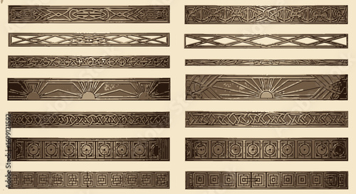 Art Deco Style Decorative Borders and Ornaments in Brown Tones, Vintage Graphic Design Elements