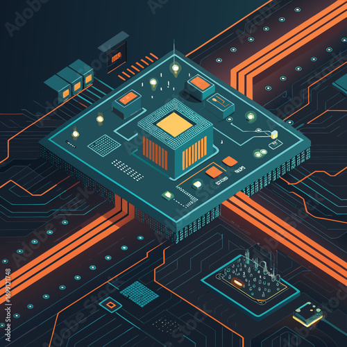Isometric illustration of a modern computer chip with intricate circuit patterns and glowing orange pathways