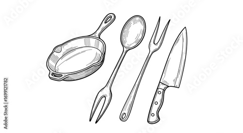 Kitchen utensils drawing of pan, spoon, carving fork and knife