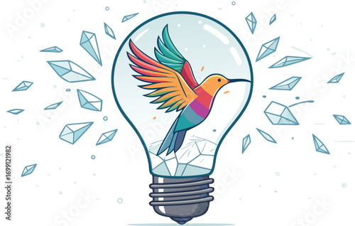 Colorful hummingbird inside a lightbulb surrounded by shattered glass representing innovative ideas and creative inspiration