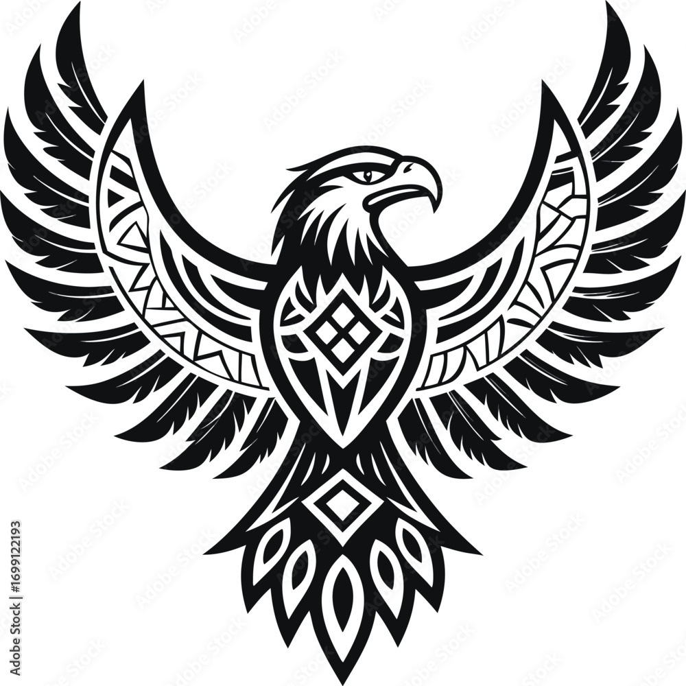 Obraz premium Majestic eagle soars with intricately designed wings symbolizing freedom and power in a bold black and white graphic