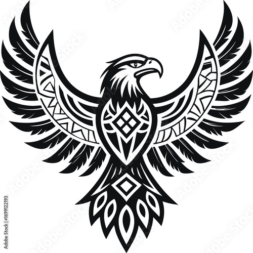 Majestic eagle soars with intricately designed wings symbolizing freedom and power in a bold black and white graphic