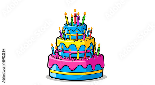 Colorful three-tier birthday cake cartoon illustration on white background