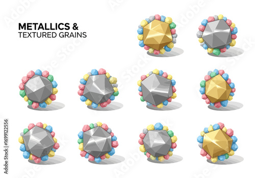 Collection of Gem-Like Metallic and Textured Grains with Colorful Surrounding Crystalline Elements
