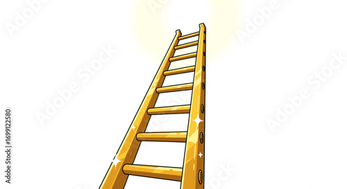 Golden ladder rising toward a bright light against white background