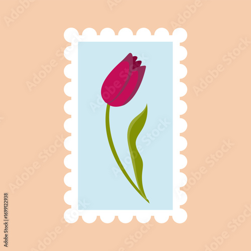 Postage stamp with the image of a red tulip. Vector illustration isolated on a beige background.