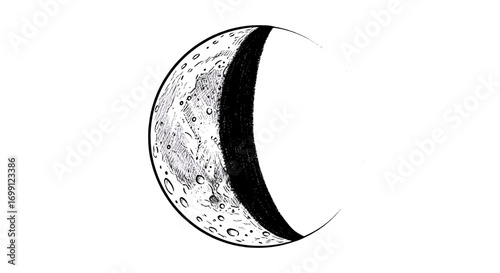 Hand-drawn moon crescent, illuminated surface with craters against white backdrop.