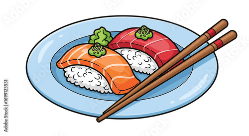 Fresh Sushi Nigiri with Chopsticks on a Plate Ready to Eat