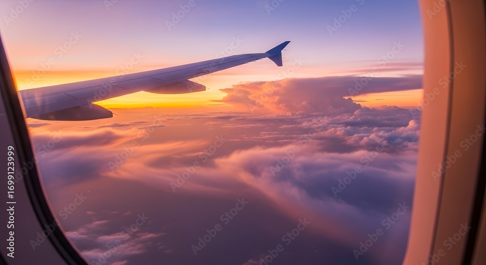 Obraz premium Airplane Wing at Sunset with Colorful Clouds