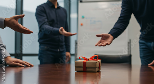 Gift box on a conference table with people reaching for it.
