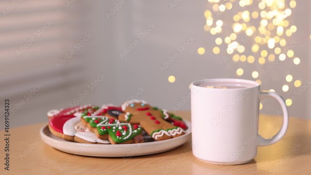Saint Nicholas day tradition. Cup of cocoa and plate with gingerbread cookies on wooden table against blurred lights indoors