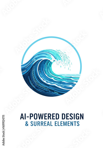 Dynamic Ocean Wave Illustration within a Circular Frame Representing Water Movement and Marine Power