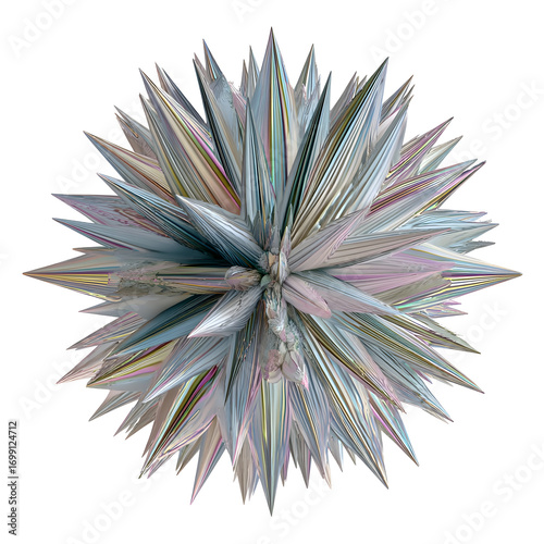 An abstract 3D rendered star prism with iridescent and metallic spikes isolated on a clean white background