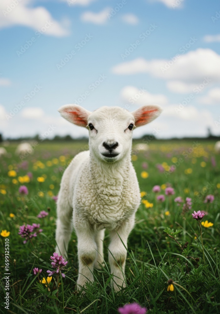 Fototapeta premium Adorable White Lamb in a Spring Meadow