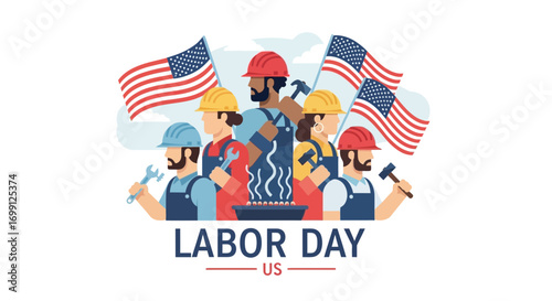 Illustration of American Workforce for Labor Day, Featuring Diverse Professionals, US Flags, and Barbecue