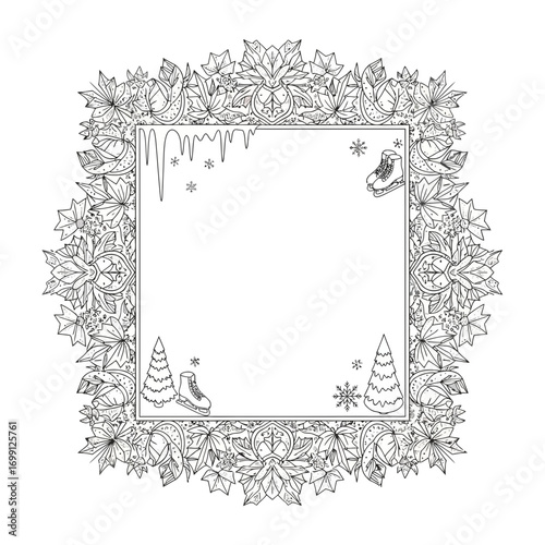 Intricate Winter Holiday Frame with Ice Skates and Christmas Trees for Creative Coloring Book Design