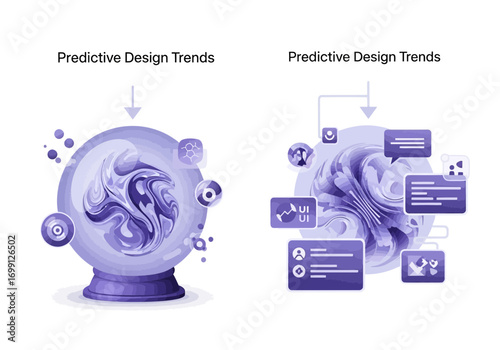 Predictive Design Trends Illustrated: Crystal Ball vs. Data Visualization and AI Concepts