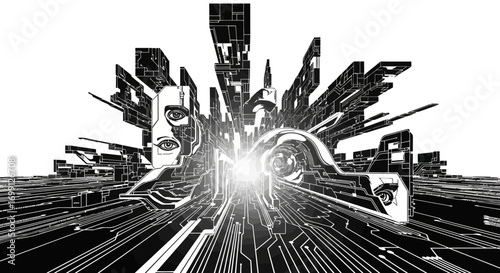 Surreal Cyberpunk Cityscape with Futuristic Face and Glowing Tunnel, Abstract Tech Vision