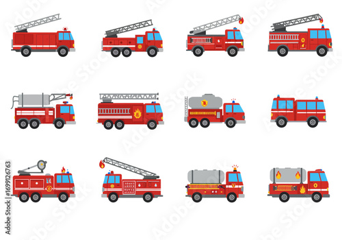 12 red fire trucks in cartoon vector illustration all facing the left side