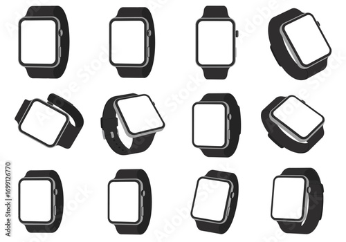 A collection of twelve black smartwatch renderings with blank white screens arranged on a white background