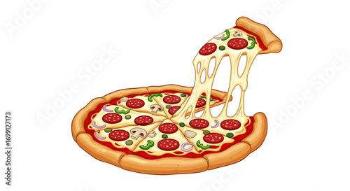 Mouthwatering Pepperoni Pizza with a Gooey Cheese Pull on White