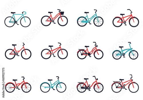 Image displays twelve colorful bicycles in a neat orderly arrangement