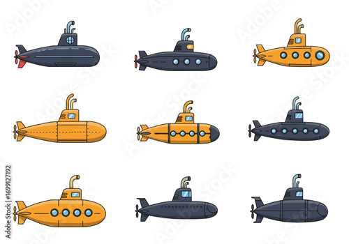 Nine colorful cartoon submarines in a 3x3 grid alternating between yellow and gray