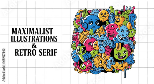 Vibrant and Playful Maximalist Doodle Art Illustration with Whimsical Cartoon Characters and Abstract Shapes