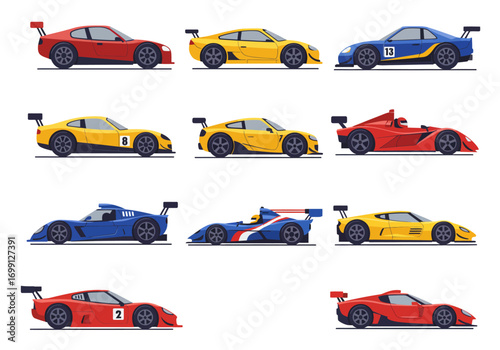 Racing cars in red yellow and blue hues arranged in a 3x3 grid over a white background