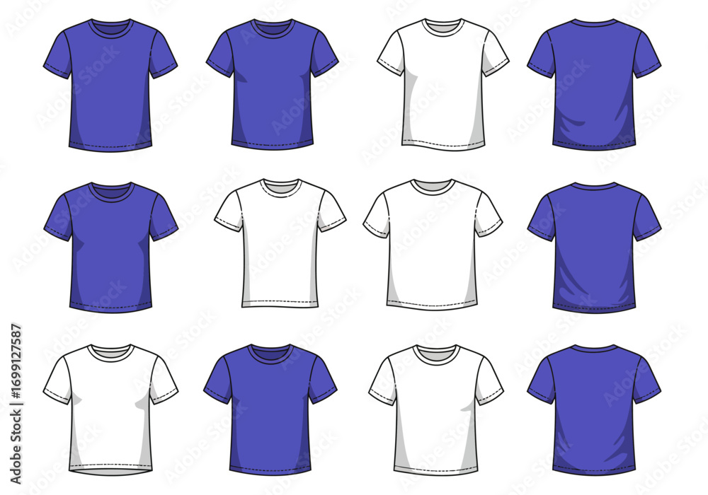 Twelve cartoonstyle tshirts arranged in a 3x4 grid alternating between solid purple and white Twelve cartoonstyle tshirts arranged in a 3x4 grid alternating between solid purple and white