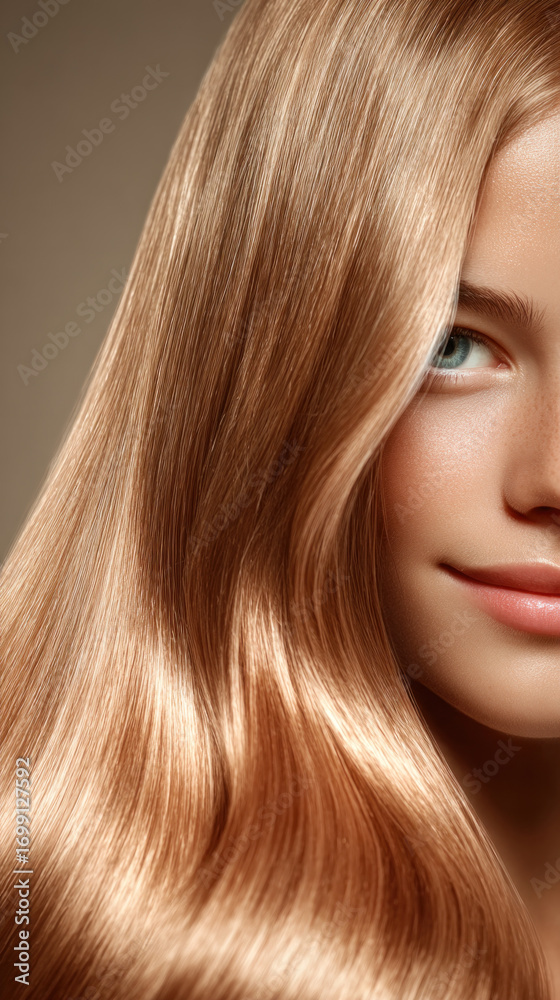 Naklejka premium Close up of glossy golden hair cascading in soft waves, framing a youthful face with a gentle smile, showcasing smooth texture, light reflections, and healthy shine.