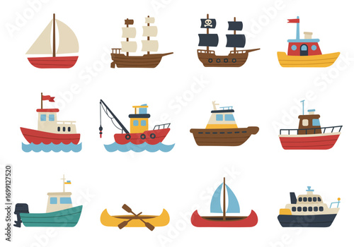 Twelve cartoon boats displayed on a white background varying styles