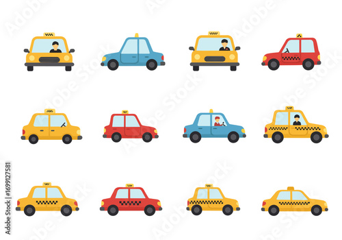 Twelve cartoonstyle taxis in a 4x3 grid various colors and driver presence