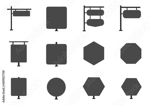 Twelve stylized gray signs in various shapes and mounting styles