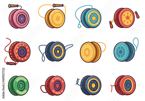 Varied yoyo designs arranged in a grid pattern on a white backdrop