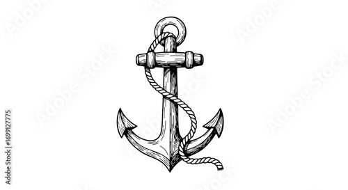 Engraved nautical anchor illustration with rope against a clean white backdrop.