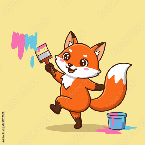 A playful cartoon fox paints with a giant brush, splashing pink and blue colors on a wall. Set against a light yellow background, the scene radiates creativity and fun.