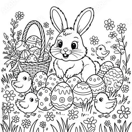 Happy Easter drawing coloring book page for children & adults, vector illustration