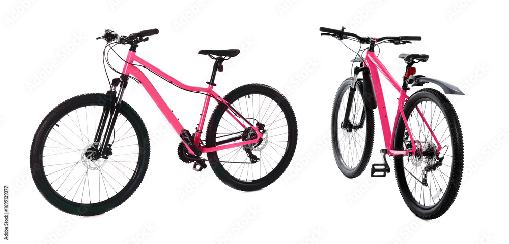 Fototapeta premium Modern bright pink bicycle isolated on white, collage