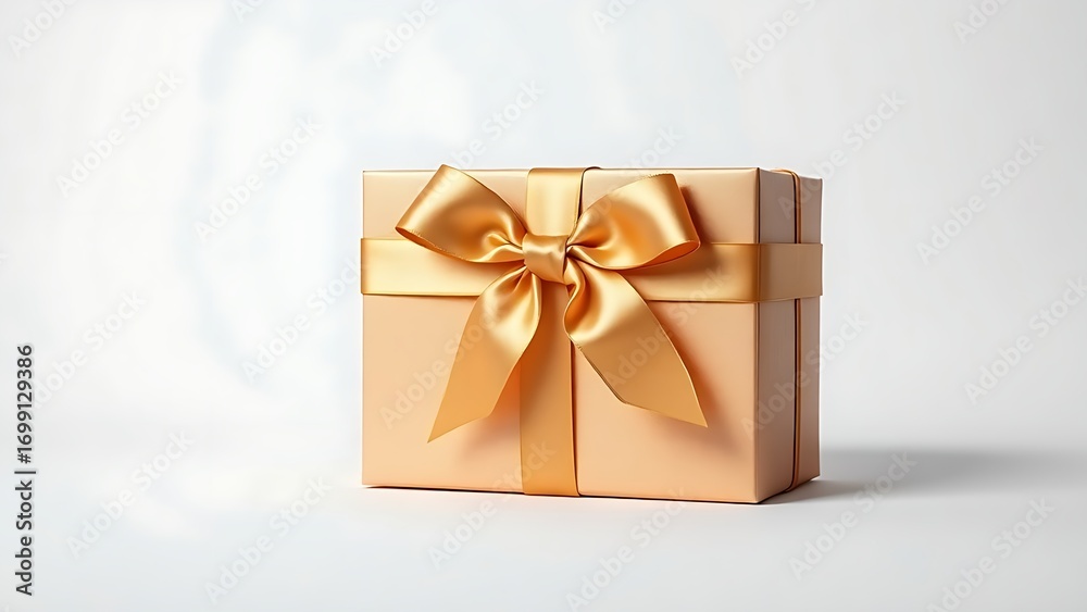 Obraz premium Luxurious gift box with satin ribbon and golden accents, presented in a studio setup.