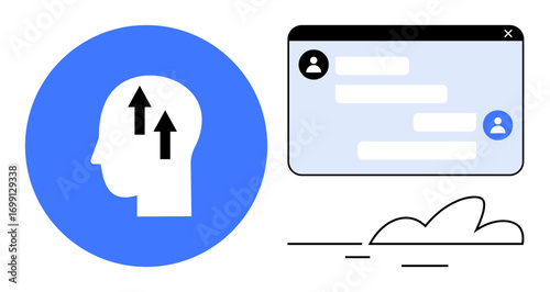 Head profile with upward arrows symbolizing progress, messaging app interface with conversation bubbles, abstract cloud. Ideal for education, growth, networking, self-improvement, brainstorming