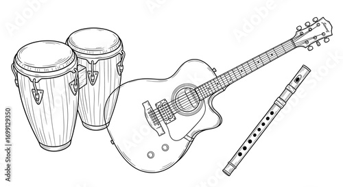Musical Harmony: An Acoustic Guitar, Congas, and Flute Illustration