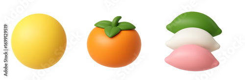 3D Icon Set of Full Moon, Persimmon, and Korean Rice Cake Songpyeon Isolated on White