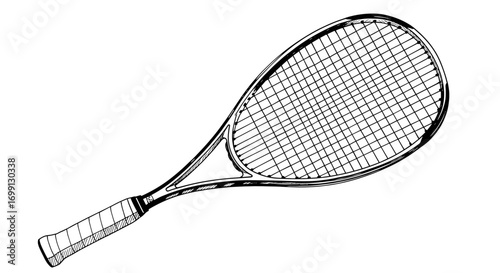 Black and White Tennis Racket Sketch on Clean White Background