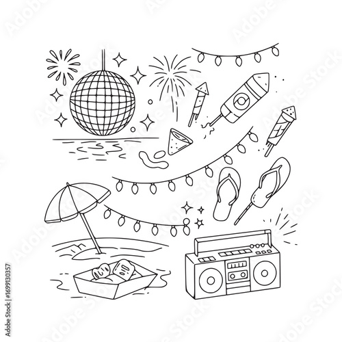 Black and White Doodle Illustration of Summer Party and Celebration Elements
